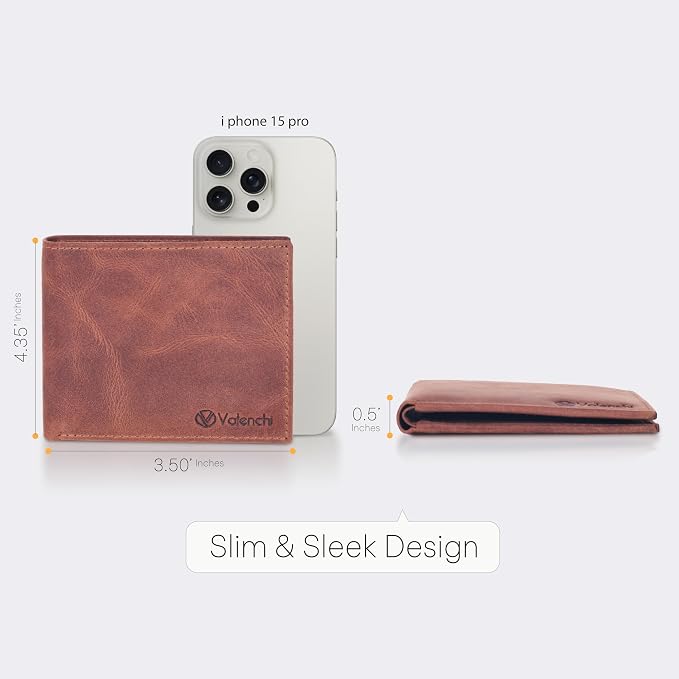 VALENCHI Genuine/Real Leather Bifold Wallet For Men - RFID Blocking/Protected Men's Slim Wallet - Christmas Gifts For Men (Cognac Vintage BF01) - Image 5