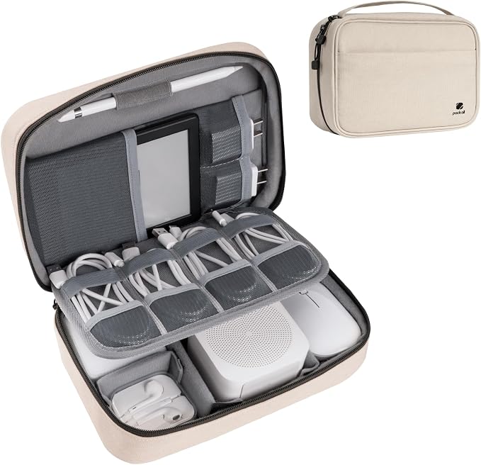 pack all Electronic Organizer Plus, Shockproof Cable Organizer Bag | Large Capacity, Water-resistant, Portable & Durable, Travel Tech Pouch for Chargers, Phones, USB Cords, Beige by packall