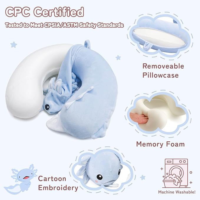 Kids Travel Neck Pillow for Ages 3-8 with Memory Foam, Blue Axolotl | Removable cover, 13 in neck size, machine washable, hidden zipper, head and chin support, car seat and airplane use - Image 3