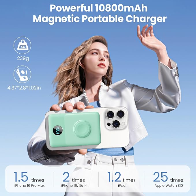 Magnetic Portable Charger 10800mAh with Built-in Cables,Wireless Power Bank for Magsafe,25W PD Fast Charging USB-C Travel Essentials Battery Pack for iPhone 17/16/15/14/13/12 Series,Apple Watch-Green - Image 2