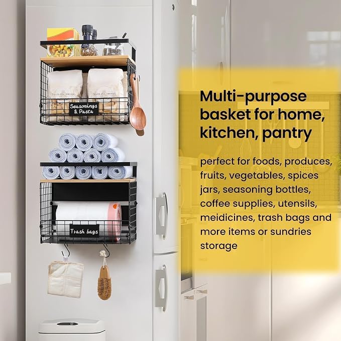 [WIDER SHELF] 1 SET Strong Magnetic Shelf Basket for Fridge with Tag & Bamboo Top, XXL Large Magnetic Spice Rack Shelves for Side of Refrigerator, Kitchen Pantry Storage Organizer for Food Fruit Veg - Image 5