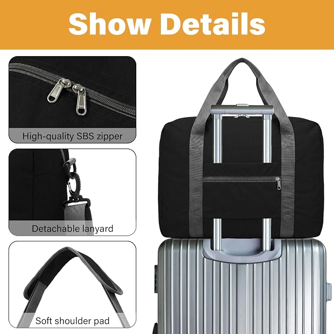 30L Foldable Underseat Travel Duffel Bag 17.3"x13.8"x7.9" – Lightweight Carry on Luggage for Women and Men, Waterproof Overnight Bag, Gym Sport Holdall, Hospital Tote with Trolley Sleeve, Black - Image 3