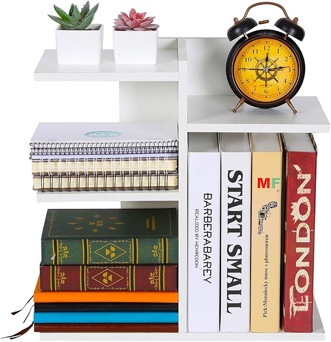 Wood Desktop Shelf Small Bookshelf Desk Supplies Organizers and Accessories Storage Display Rack Office Decor for Women, White - Image 4