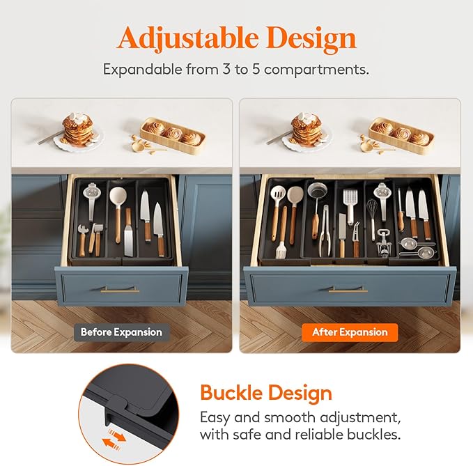 Lifewit Utensil Organizer for Kitchen Drawers, Expandable Utensil Tray | Adjustable Cooking Cutlery Silverware Flatware Holder, Plastic Spatula Tools Storage Divider, 16- 28 x 18.5", Black - Image 5