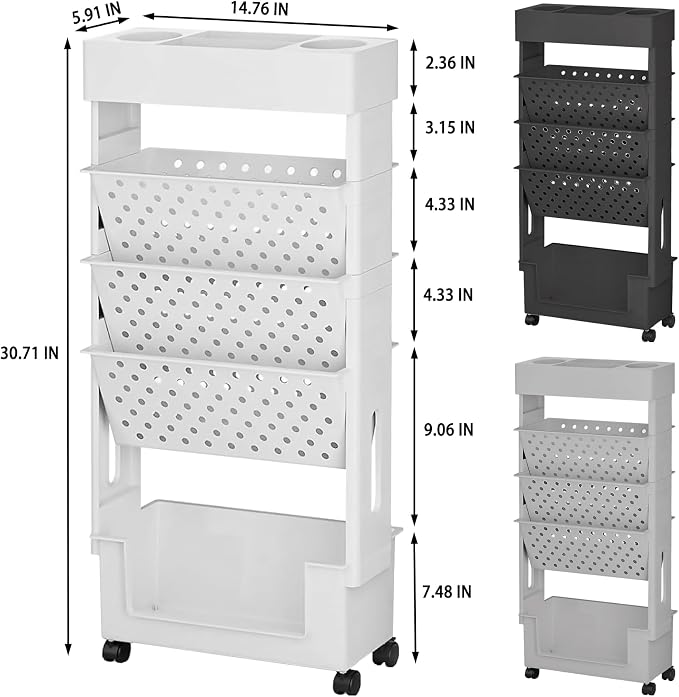 BYFU 5-Tier Movable Bookshelf Cart, Rolling File Paper Storage Organizer Mobile Bookcase with Wheels for Home Office Study Classroom, White - Image 3