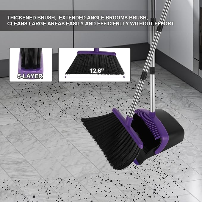 Purple Broom and Dustpan Combo Set, 55" Long Handle Broom | Large Area Outdoor Cleaning, Extended Reach Design, Built-in Comb Dustpan, Foldable Storage for Garage, Patio & Home - Image 8