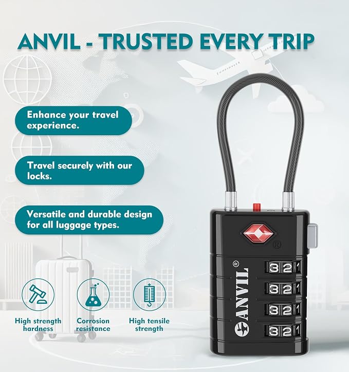 ANVIL TSA Approved Luggage Locks with Search Alert Indicator, 4-Digit Combination Suitcase Lock, Advanced TSA008 Core Heavy Duty Anti-Theft Travel Lock for Double Zippers, Backpacks - Image 4