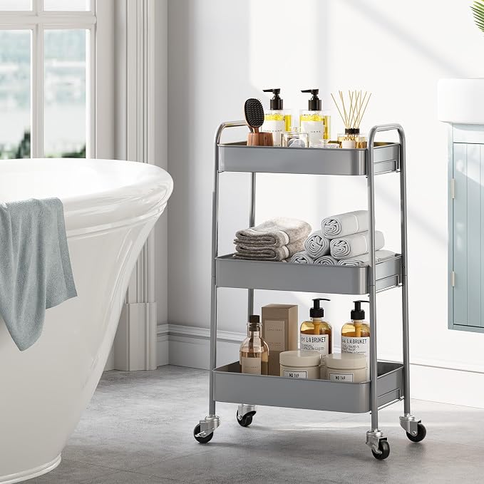 TOOLF 3 Tier Metal Rolling Cart, Utility Storage Cart with Wheels, Grey | Screwless Assembly, Lockable Metal Wheels, Trolley Organizer for Bathroom, Kitchen, Office, Dorm, Laundry, Craft Room - Image 8