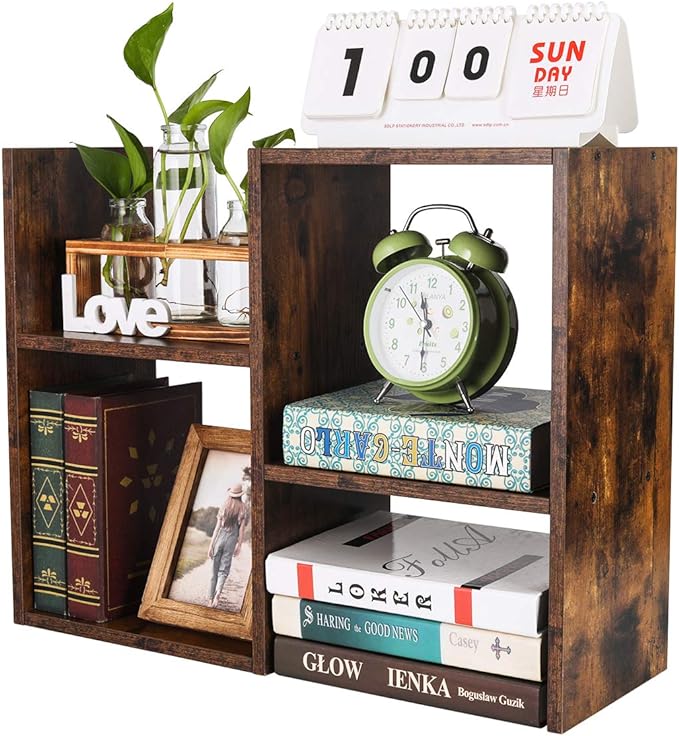 Desktop Shelf Freestanding Wooden Small Bookshelf Desk Supplies Organizers and Accessories Storage Display Rack Office Dorm Decor for Women, Antique Brown by PAG