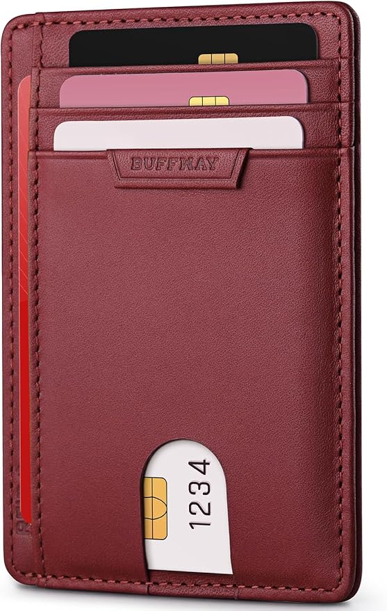 Buffway Slim Wallet for Men Women Minimalist Small Leather Front Pocket Wallets with RFID Blocking and Gifts Box - Bassa Mars Red by Buffway