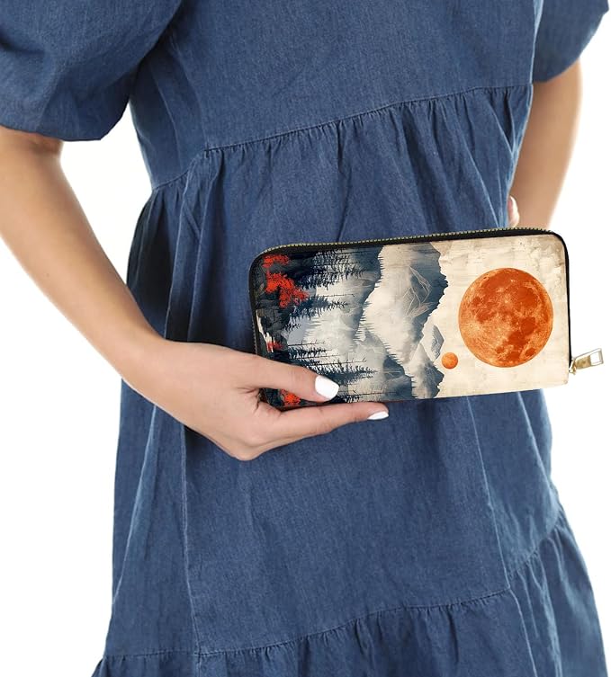 Women's RFID Blocking PU Leather Zip-Around Wallet, Large Capacity Clutch with Phone Holder, Travel Purse & Card Organizer with Removable Wristlet,Mountains Sunset Aesthetic - Image 6