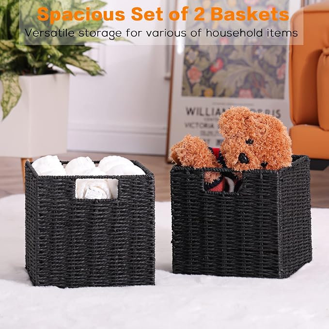 Wicker Basket, Set of 2 Woven Storage Baskets for Shelves, Foldable Cube Storage Basket Bins with Handles, 9 inch Small Storage Baskets for Organizing Pantry Bedroom, Black - Image 4