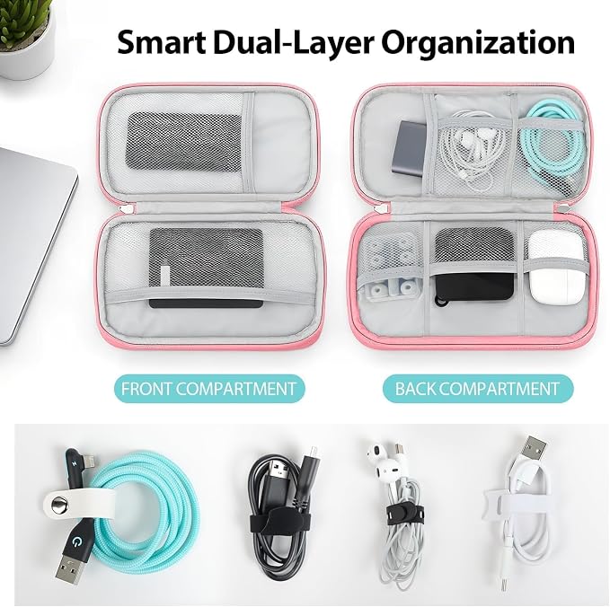 Travel Electronics Organizer Double Layer Tech Pouch Pink | Water-resistant Oxford fabric with 8 compartments for 3ft+ cords, chargers and phones. Includes 8 cable ties. - Image 3