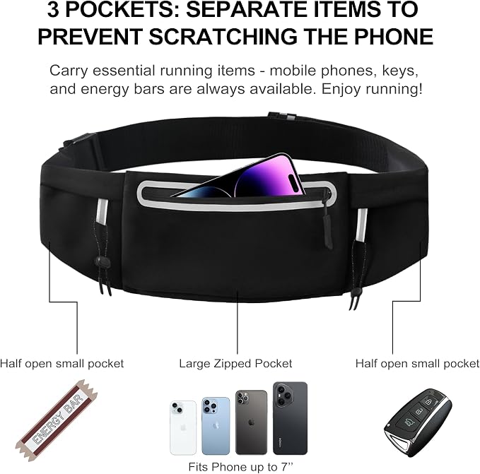 Running Belt Fanny Pack: 3 Pocket Waist Bag for Men Women Workout Exercise Fitness Phone Holder Fits All Phones with Bib Clip, Black - Image 4