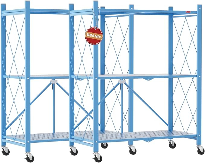 DEANIC 3 Tier Foldable Storage Shelves with Wheels, Kitchen Appliance Stand, Freestanding Metal Wire Shelf Rack, No Assembly Organizer Rolling Cart for Garage, Basement, Pantry(Blue Pack of 2) by ShowNow