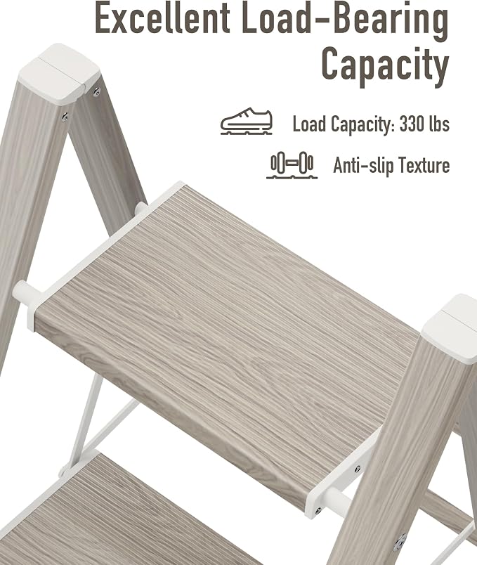 Mayi Plus 3 Step Stool Foldable, Aluminum, Lightweight Step Ladder | Extra-wide anti-slip folding steps with 330 lbs, for home,kitchen,office,outdoor,Fir woodgrain - Image 5