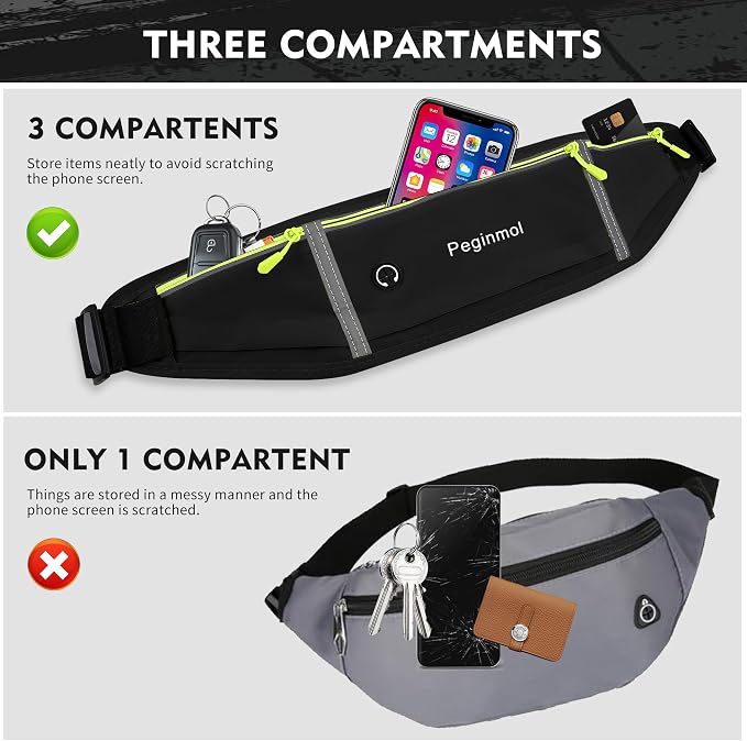 Slim Running Belt Fanny Pack, Waist Pack Bag for Women Men, Running Pouch for Phone Waterproof Reflective with 3 Pouches, Running Phone Holder for Sports, Traveling (Black + Green) - Image 3