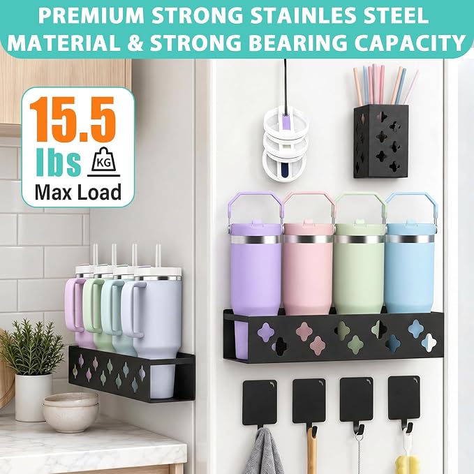 Magnetic Water Bottle Organizer for Fridge, Magnetic Cup Holder for 30 40 Oz with Tumbler Lid & Straw Organizer & Magnet Hooks, 8 Tumblers Kitchen Storage Rack for Cup Accessories, Space-Saving - Image 5