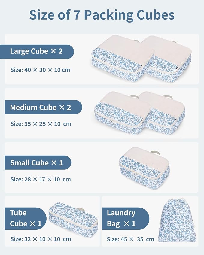 Narwey 7 Set Floral Packing Cubes for Travel Carry on Suitcase Luggage Organizer Bags for Kids Women Men, Durable Packing Organizers Bag, Travel Essentials Accessories (Blue Flower) - Image 4