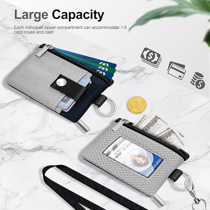 Minimalist RFID Blocking Small Wallet with ID Window,WaterResistant Zip Id Case Wallet with Lanyard Keychain for Cards,Cash,Travel,Women,Men (Light gray/Dark blue) - Image 7