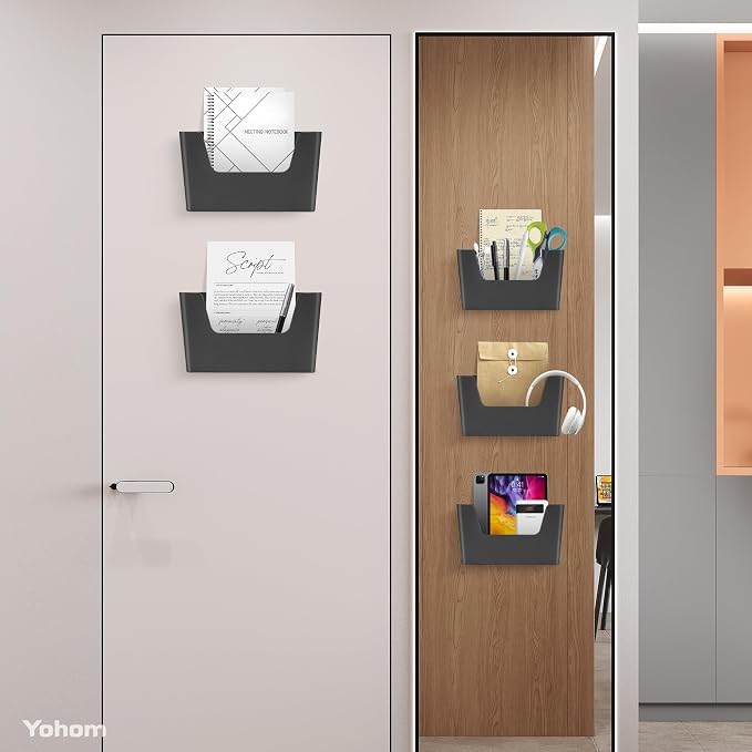 YOHOM Adhesive File Holder Plastic Document Folder Door No Drilling Mount Mail Magazine Organizer A4 Filing Envelopes Folder, Office Wall Mount Single Pocket (BLACK, 5 PCS) - Image 3