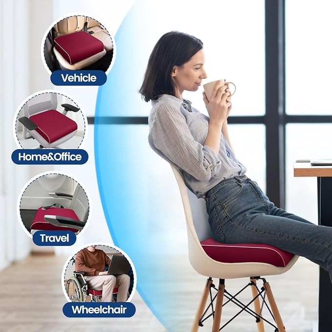 SweetSlubr Seat Cushion, Chair Pad, Memory Foam Tailbone Pain Relief | Office Chair Cushion for Tailbone Pain Relief, Non-Slip Cover, Soft Support for Office Chair, Car Seat, Airplane,X-Large/Red - Image 6