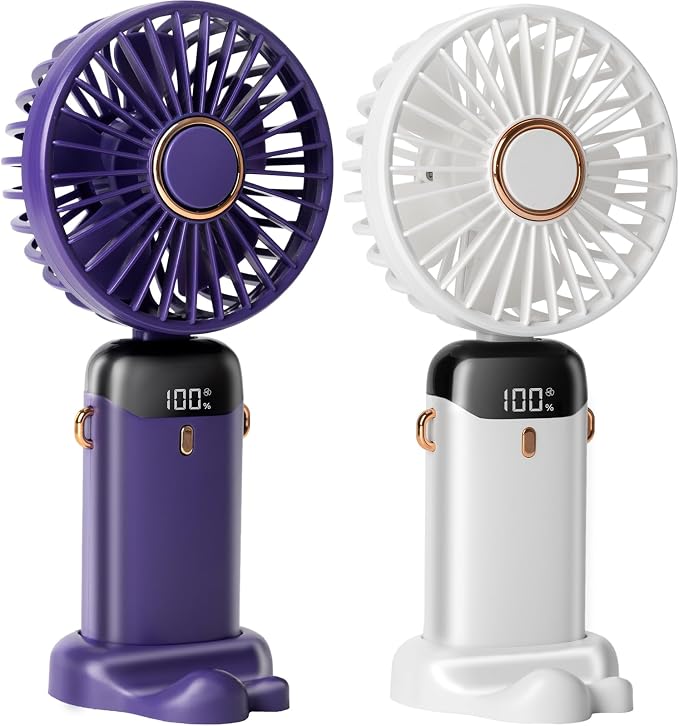 2 PCS Portable Handheld Fan, 12 hours Upgrade 3200mAh Mini Fan with Stand, 90° Foldable, 5 Speed Wind,Hand Held/Neck/Desk 3 in 1 Personal Small Fans, Makeup Fans for Women (Purple, White) by Unknown
