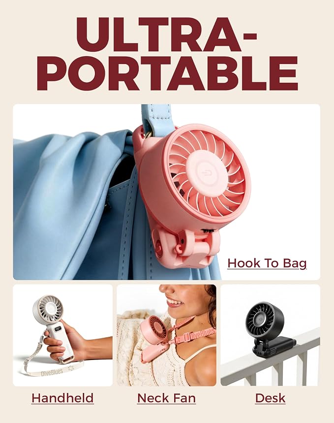 Diveblues Portable Turbo Fan, 100 Speed Handheld Fan with Strong Airflow, Foldable 4 in 1 Personal Fan for Neck, Desk & Travel, USB-C Rechargeable, Lightweight for Summer, Concerts & Outdoor Use - Image 5