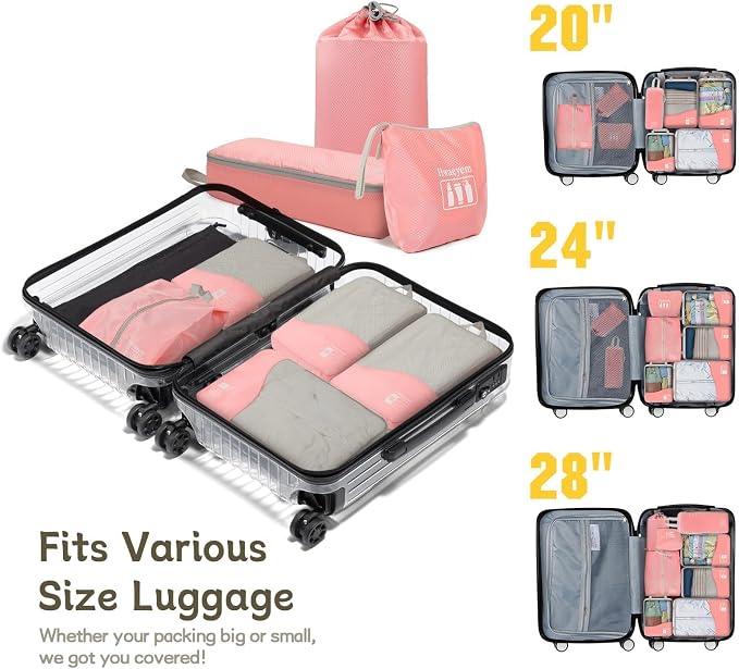 Compression Packing Cubes 8 Set, Dual Zipper Compression Packing Cubes for Travel, See-Through Mesh Packing Bags for Suitcases, Compression Travel Cubes with Shoe Bag (Pink) - Image 9