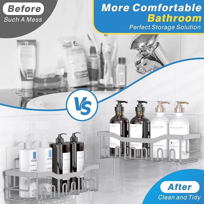 EUDELE Shower Caddy 2 Pack, Adhesive Shower Organizer for Home Decor & Kitchen Storage, No Drilling, Rustproof Stainless Steel Bathroom Shelf Organizer - Image 3
