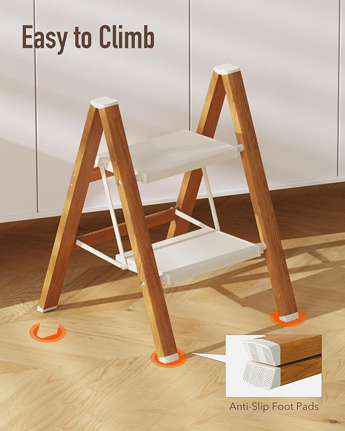 Mayi Plus 2 Step Stool Foldable, Aluminum, Lightweight Step Ladder | Extra-wide anti-slip folding steps with 330 lbs, for home,kitchen,office,outdoor,White & Woodgrain - Image 6