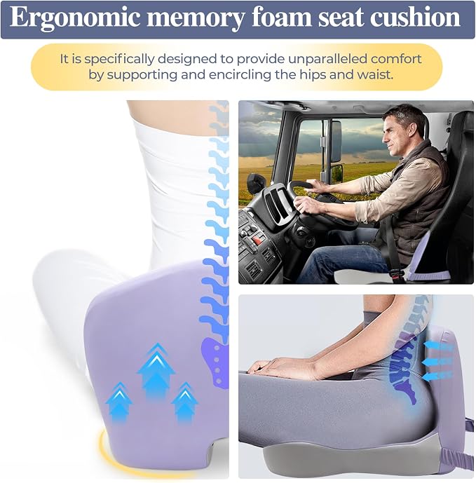 Memory Foam Seat Cushion for Sciatica & Back Pain Relief - Ergonomic Chair Pad with Adjustable Strap & Supportive Comfort Cover, Non-Slip for Car, Truck, Office Chair -Purple - Image 4