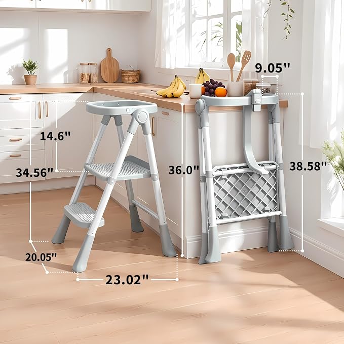 Foldable Toddler Standing Tower, Kitchen Helper Stool for Kids 1.5-6 Years | Safety Rail & Net Foldable Design Non-Slip Stable Easy Clean Portable Space Saving Storage Quick Assembly Montessori Grey - Image 2