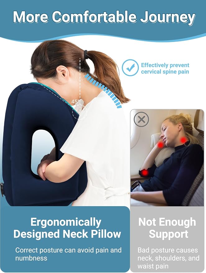 Maliton Inflatable Travel Pillow for Airplane Comfortable Sleeping to Relieve Neck and Shoulder Pain, Support Head Inflatable Pillow for Long Flights, Used for Airplanes, Cars, Trains, Office(Blue) - Image 4