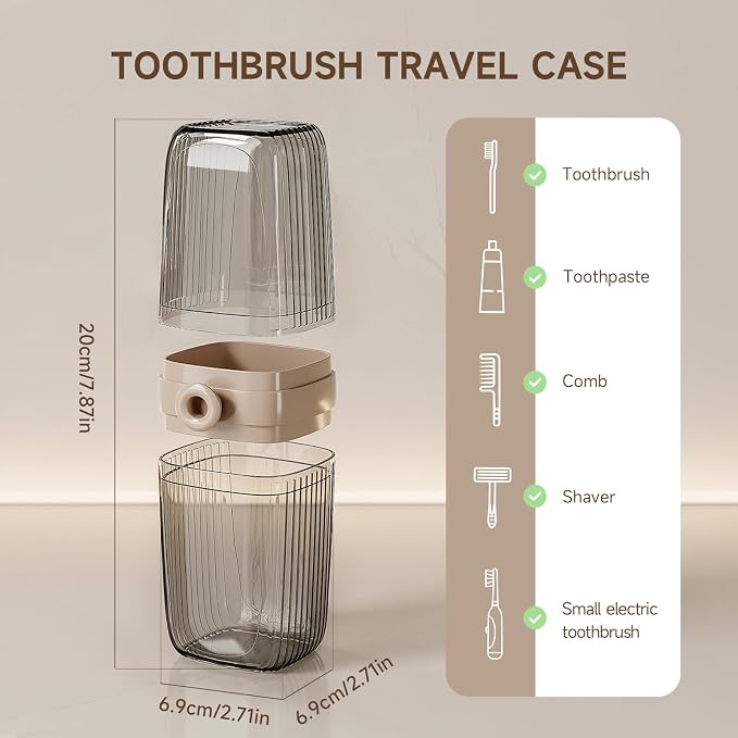 Topavatop Toothbrush Travel Case, 2 in 1 Toothbrush Holder and Rinse Cup, Large Capacity Toothbrush Cup with Cover, Portable Travel Toothbrush Holder for Traveling, Camping, Trip - 1Pcs - Beige&Clear - Image 5