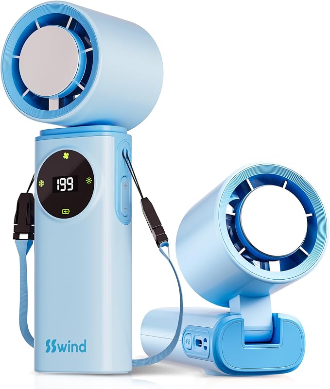 6000mAh Portable Handheld Fan with Ice Cooling, 199 Levels Stepless Speed, 20H Long Battery Life, 20000RPM Turbo Fan Rechargeable Personal Mini Fan for Travel, Outdoor, Makeup (Blue) by SSWind