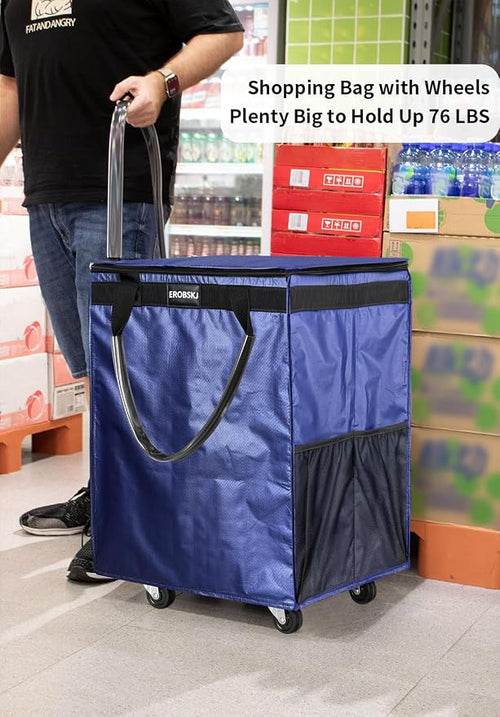 (Medium, Navy) Reusable Grocery Bag on Wheels, 70L Foldable Rolling Tote, Extra Storage for Shopping, Zipper Clouser Shopping Carts for Groceries, Laundry, Organization, Moving,4 Heavy Duty Wheels | Bag on Wheels - Image 2