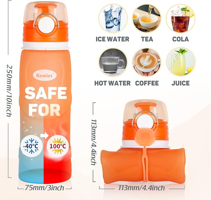Collapsible Silicone Water Bottles-750ML,Medical Grade,BPA Free Travel Water Bottle Can Roll Up,26oz,Leak Proof Foldable Sports & Outdoor Water Bottles - Image 6