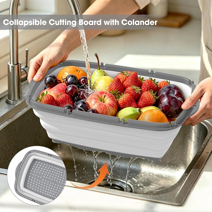 Gintan Camping Cutting Board, 9-in-1 Collapsible Chopping Board with Colander, Outdoor-Kitchen Vegetable Washing Basket for Campers, Camping Gifts Camping Accessories for RV Campers (Gray) - Image 4