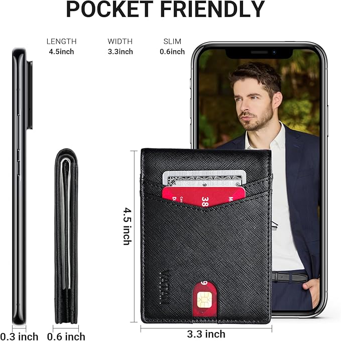 VATAN Wallet for Men Slim RFID Blocking Leather Credit Card Holder Wallet for 15 Cards, Bifold Minimalist Thin Wallet with 2 ID Windows & Cash Slot, With Gift Box (Cross Grain Black) - Image 4