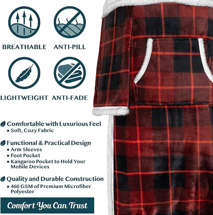 PAVILIA Sherpa Blanket with Sleeves, Foot Pocket for Women Men Adults, Thick Wearable Blanket Throw Wrap, Fleece Warm Snuggle Blanket Robe, Cozy Gift Ideas Wife Mom, Plaid Red - Image 4