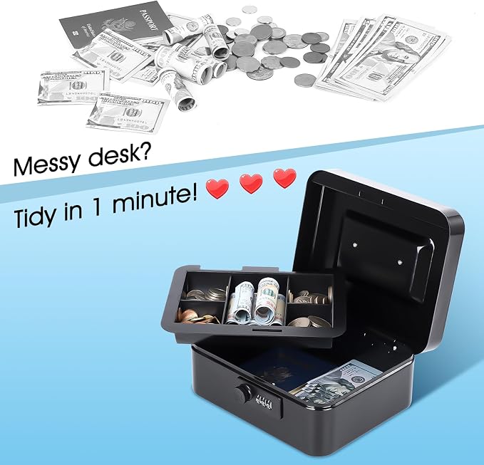 KYODOLED Metal Cash Box with Combination Lock & Money Tray - Secure Safe for Home, Office & Events, Ideal for Cash, Meds & Small Items, 7.87" x 6.30" x 3.35", Black, 2 Pack - Image 4