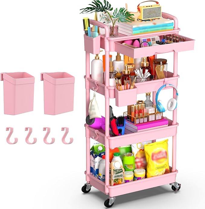 Goovilla 4 Tier Rolling Utility Cart Organizer with Removable Drawer, Pink | Stable and Sturdy Rolling Storage Carts with 2 Lockable Wheels for Bathroom, Kitchen, Snack, Craft, Makeup, Baby Essentials by Goovilla