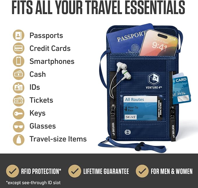 VENTURE 4TH Travel Neck Wallet, RFID Blocking Passport Holder - Navy Blue - Image 2