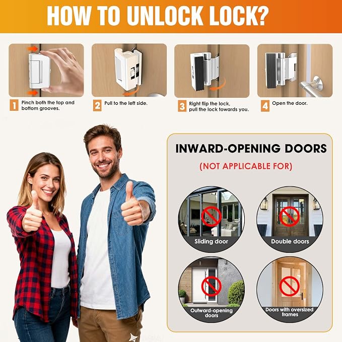 Upgraded Portable Door Lock for Travel & Home - No Drill Adjustable Security Lock for Inward Swing Doors, Fits Apartments & Hotels, Withstands 800lbs Force (2, White - Portable) - Image 5