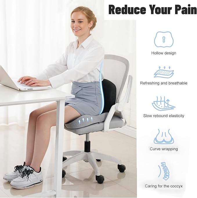 Memory Foam Seat Cushion for Truck Drivers, Office Chairs Ergonomic Seat Cushion for Back, Tailbone Sciatica Pain Relief, Pressure Relief Pad for Long Sitting, Car Seat Desk Chair Use (Gray) - Image 3