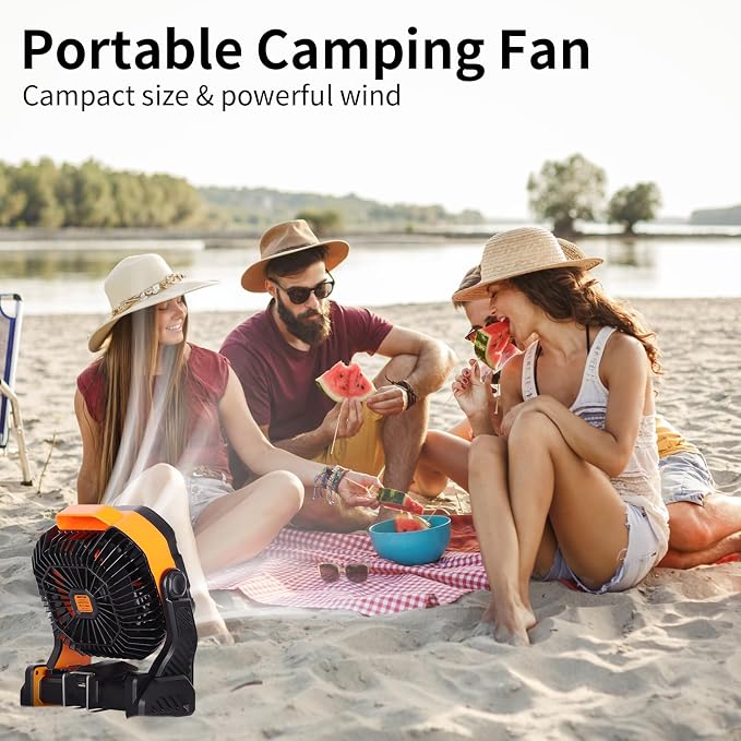WESTTREE 20000mAh Battery powered fan Camping Fan essentials Portable fan Battery OperatedRechargeable Outdoor Tent with Light & Hook Personal USB Desk for Camping,Orange - Image 4