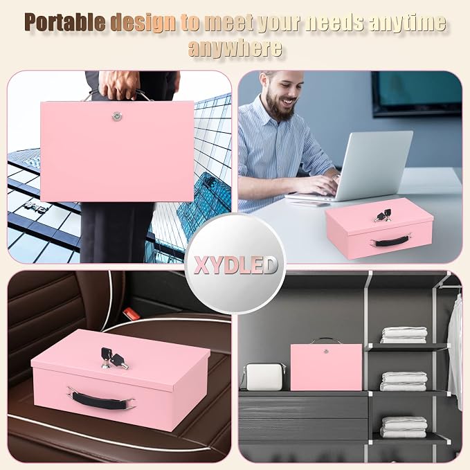 xydled Fireproof Document Box with Key Lock, Fire Safe Box, Pink | Fire and water resistant lock box for documents, passports, cash and valuables, keeping secure at home, 12.8 x 8.5 x 4.5 Inch - Image 8