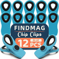 12 Pack Chip Clips, Blue Magnetic Clips for Food, Snack Storage | Heavy Duty Chip Clips for Office, Kitchen, Refrigerator, Snack, RV Accessories, Bread, Airtight Seal Grip, Strong Hold by FINDMAG