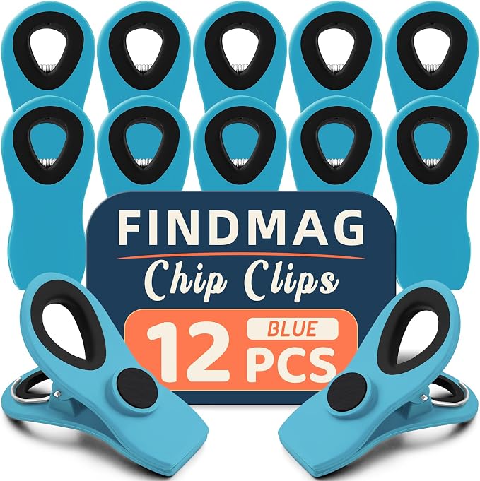 12 Pack Chip Clips, Blue Magnetic Clips for Food, Snack Storage | Heavy Duty Chip Clips for Office, Kitchen, Refrigerator, Snack, RV Accessories, Bread, Airtight Seal Grip, Strong Hold by FINDMAG
